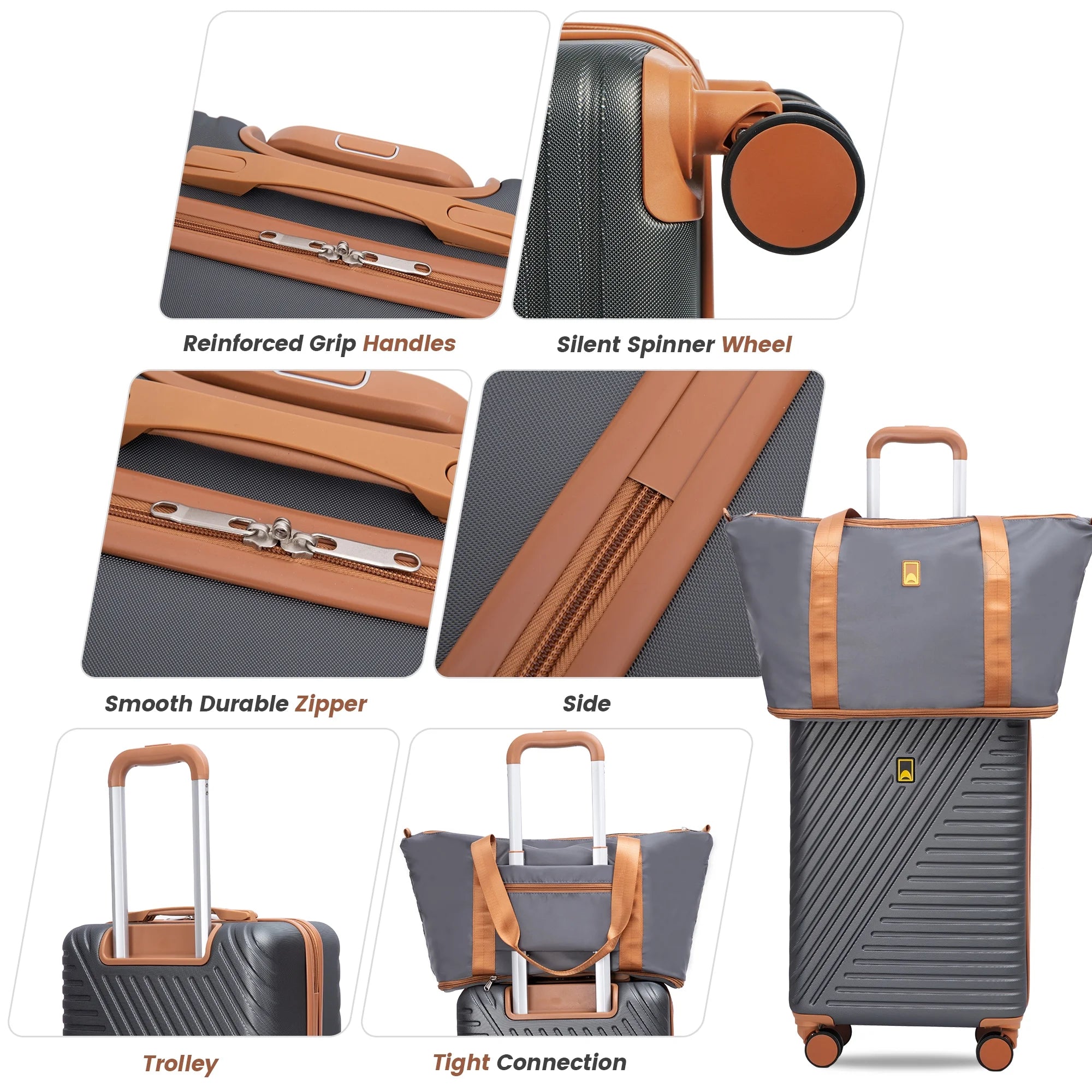 3 Piece Carry on Luggage Sets, Hardside Suitcase Set with Double Spinner Wheels, Expandable Travel Bag and Toiletry Bag, Gray
