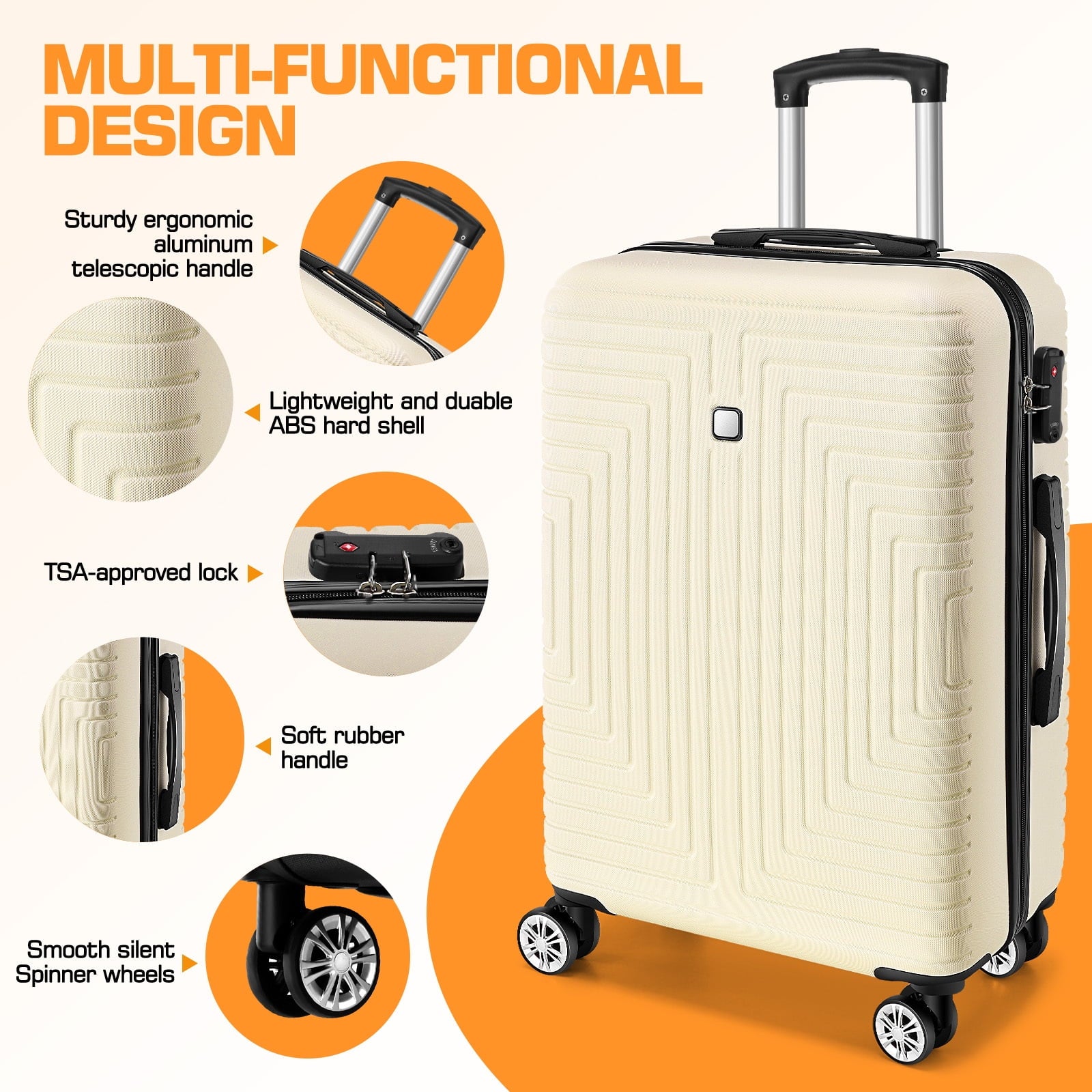 5 Piece Luggage Set(20/24/28) , Hardside Lightweight ABS+PC Suitcase Set with Expandable Duffel Bag + Toiletry Bag, Spinner Wheels and TSA Lock, Beige
