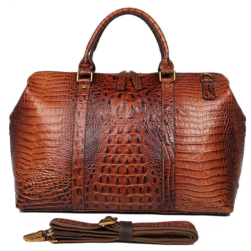 Brown Croc Print Real Leather Duffle Bag for Weekend Traveling