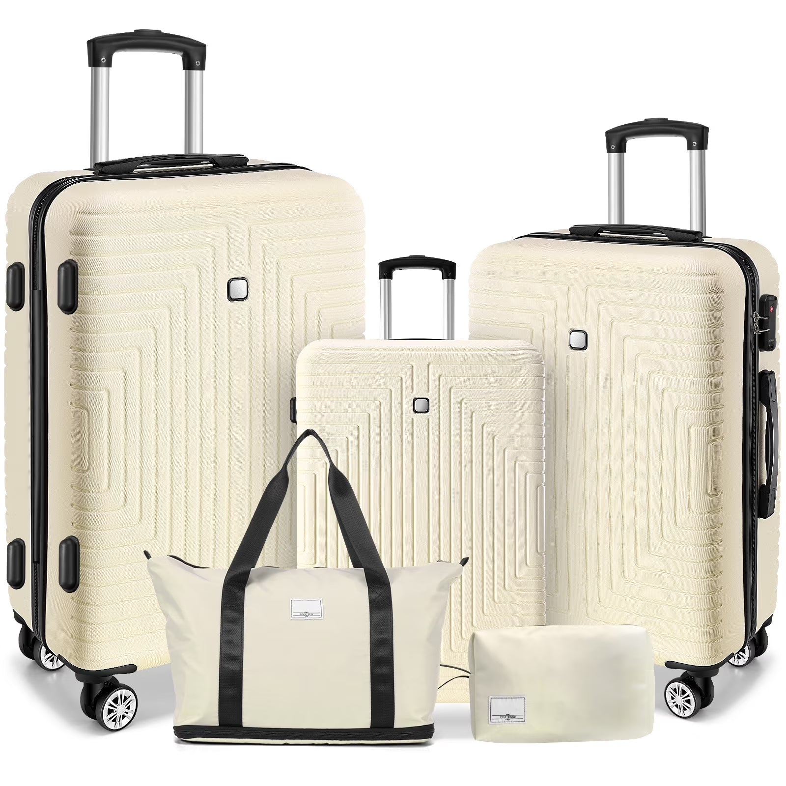5 Piece Luggage Set(20/24/28) , Hardside Lightweight ABS+PC Suitcase Set with Expandable Duffel Bag + Toiletry Bag, Spinner Wheels and TSA Lock, Beige