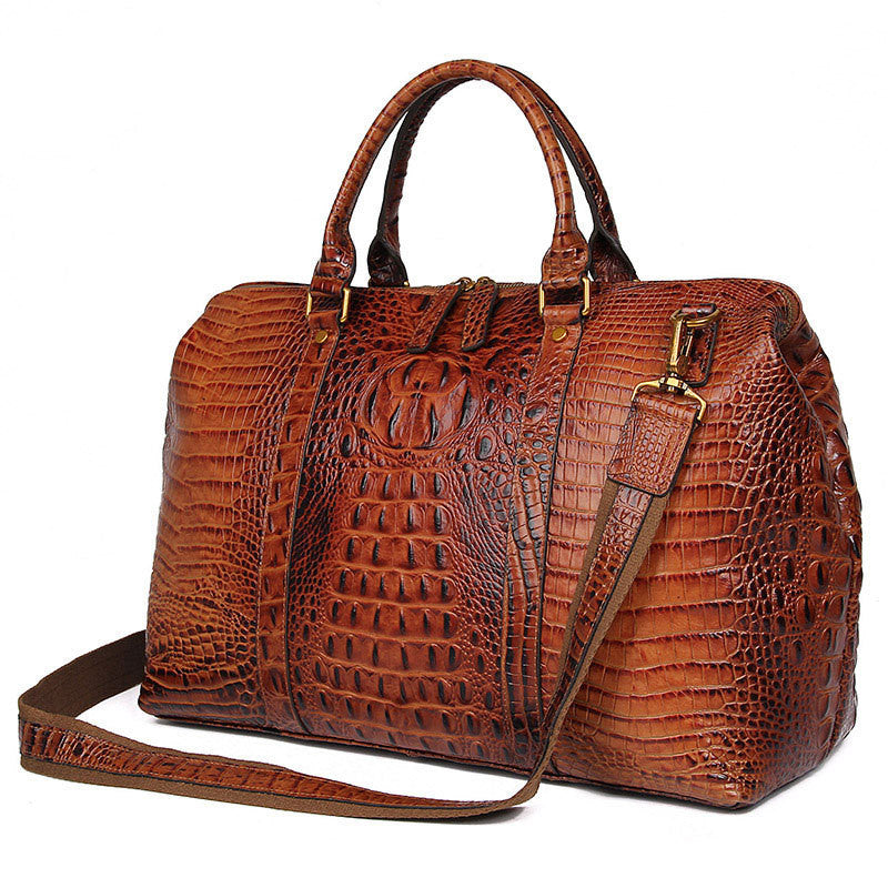 Brown Croc Print Real Leather Duffle Bag for Weekend Traveling