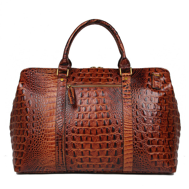 Brown Croc Print Real Leather Duffle Bag for Weekend Traveling