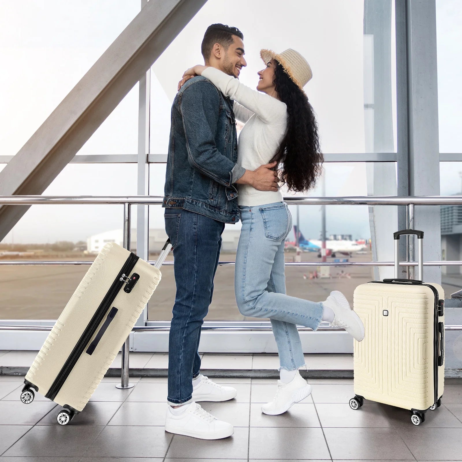 5 Piece Luggage Set(20/24/28) , Hardside Lightweight ABS+PC Suitcase Set with Expandable Duffel Bag + Toiletry Bag, Spinner Wheels and TSA Lock, Beige