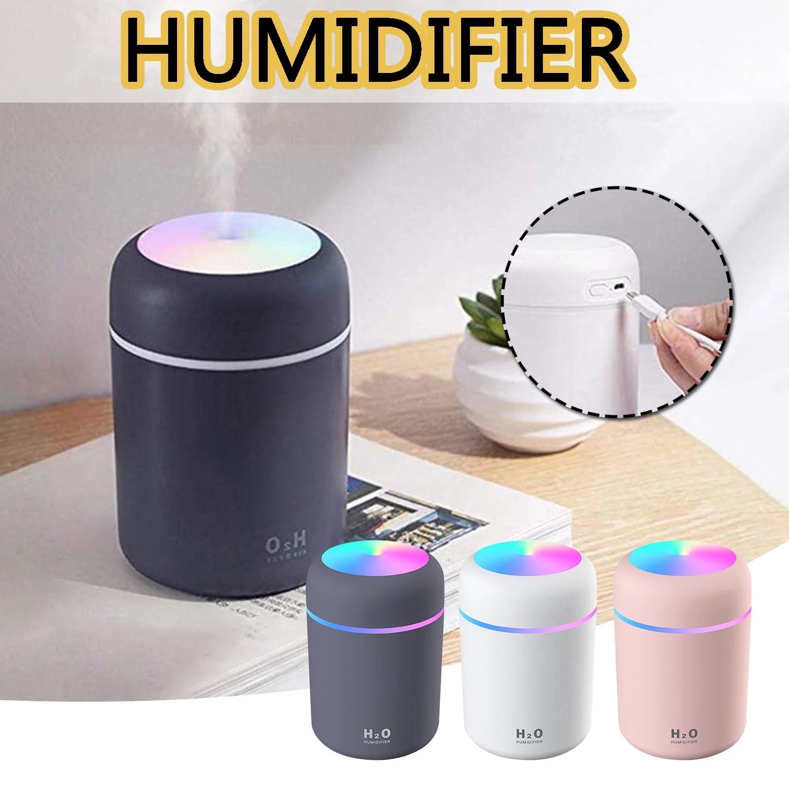 Humidifier, Humidifiers for Bedroom Humidifiers, Humidifiers for Large Room Portable Mini Humidifier 300Ml Cool Mist Humidifier with Night Light - Pink