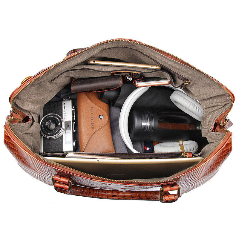 Brown Croc Print Real Leather Duffle Bag for Weekend Traveling