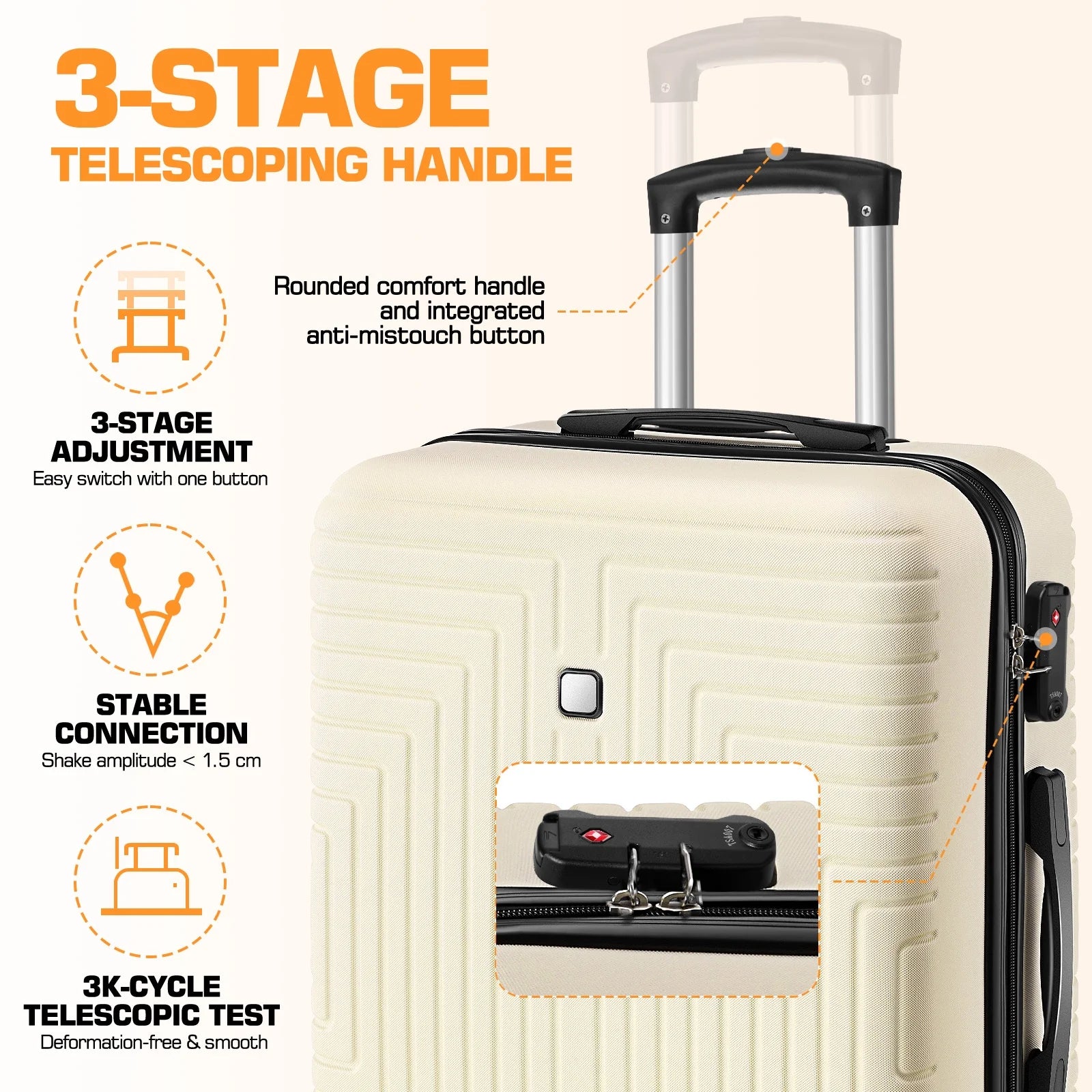 5 Piece Luggage Set(20/24/28) , Hardside Lightweight ABS+PC Suitcase Set with Expandable Duffel Bag + Toiletry Bag, Spinner Wheels and TSA Lock, Beige