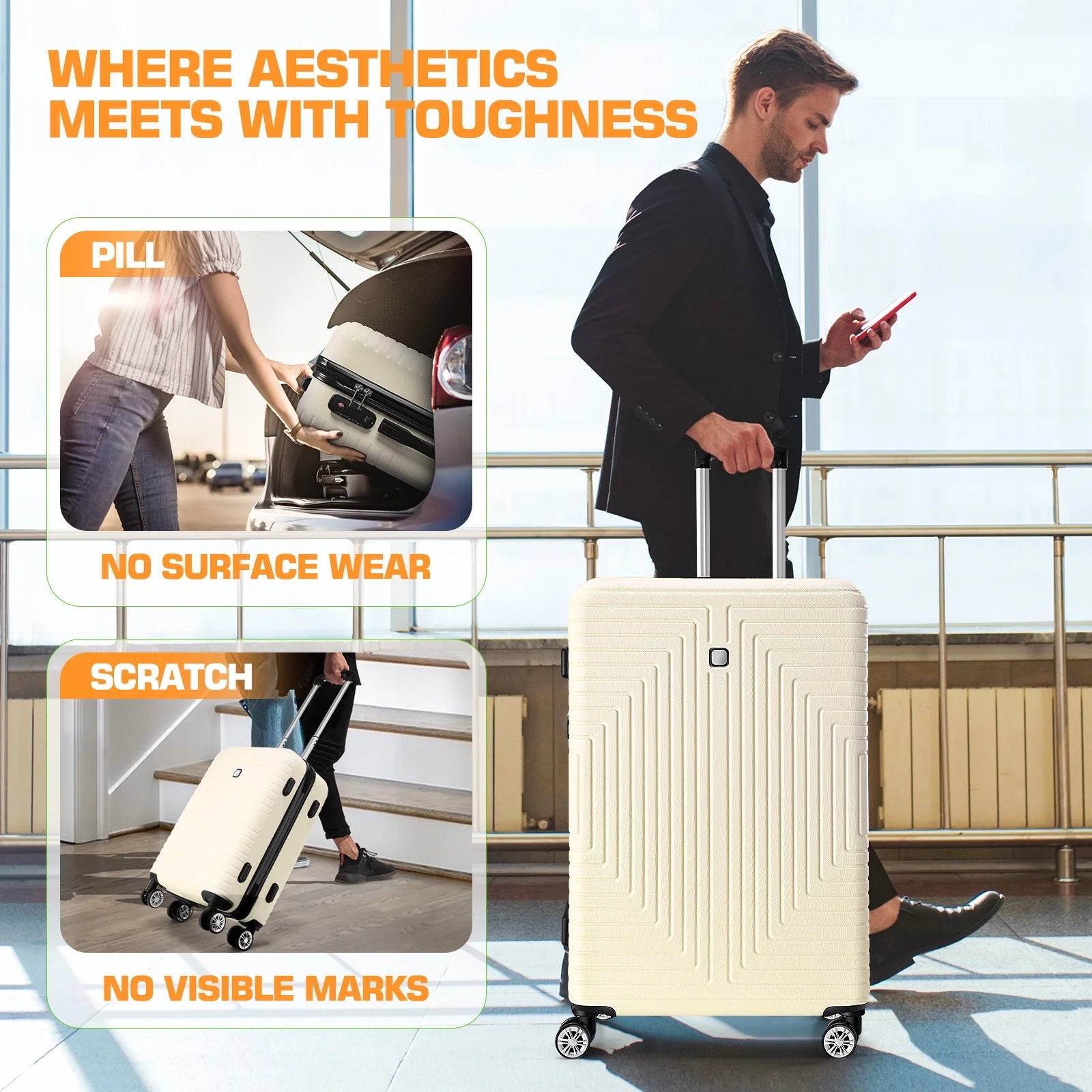 5 Piece Luggage Set(20/24/28) , Hardside Lightweight ABS+PC Suitcase Set with Expandable Duffel Bag + Toiletry Bag, Spinner Wheels and TSA Lock, Beige