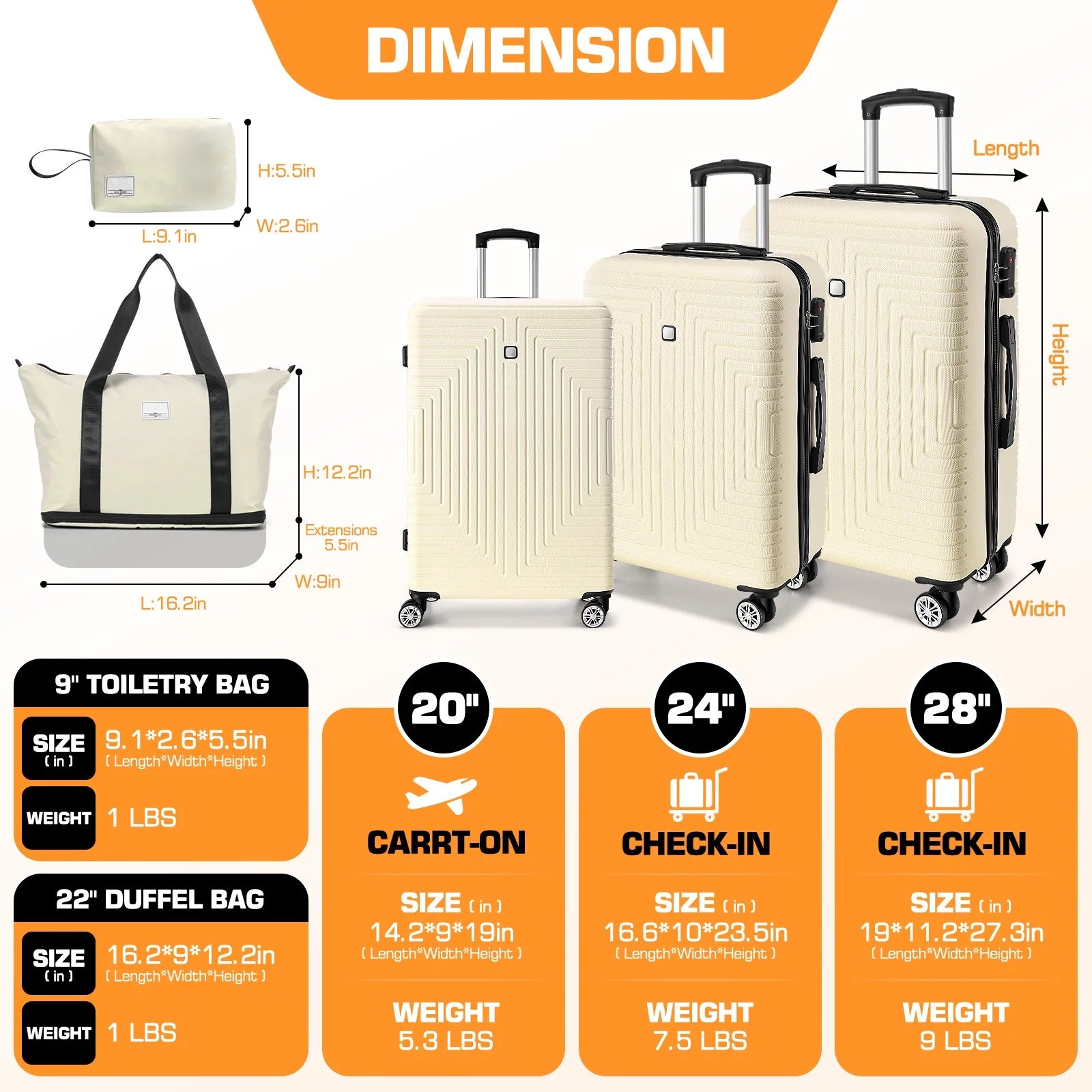 5 Piece Luggage Set(20/24/28) , Hardside Lightweight ABS+PC Suitcase Set with Expandable Duffel Bag + Toiletry Bag, Spinner Wheels and TSA Lock, Beige