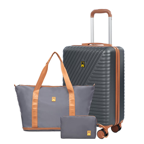 3 Piece Carry on Luggage Sets, Hardside Suitcase Set with Double Spinner Wheels, Expandable Travel Bag and Toiletry Bag, Gray
